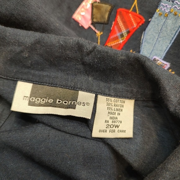 Maggie Barnes Plus Sz 20W Button Front Y2K Blouse Navy Linen Blend‎ Embroidered - Picture 6 of 7